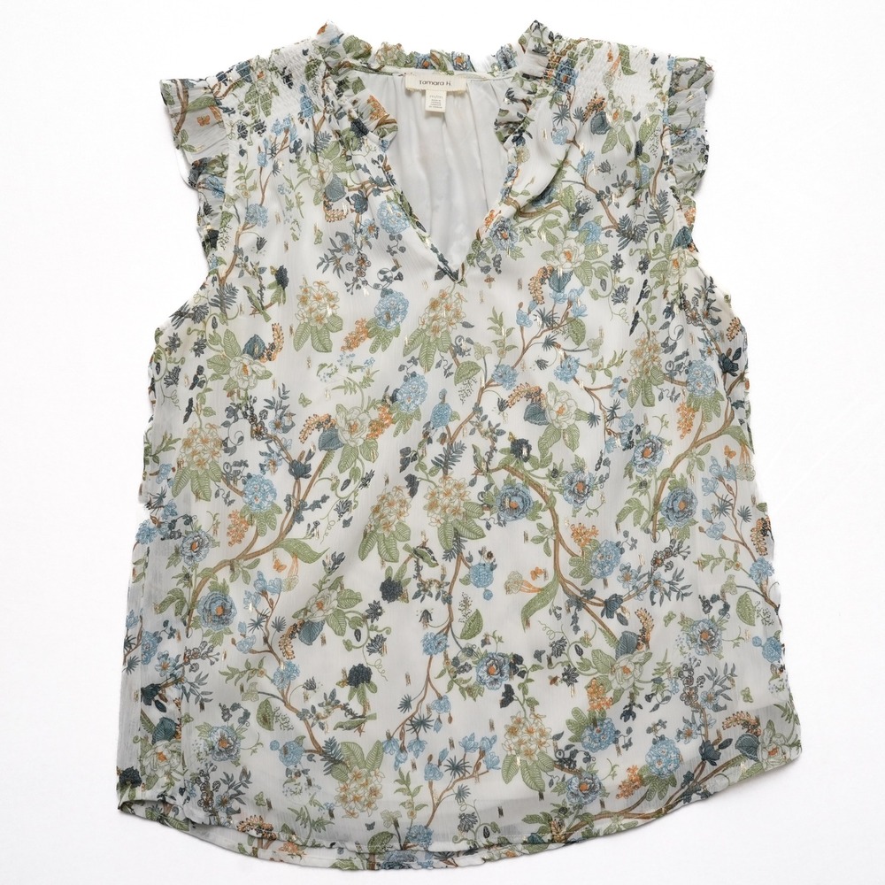 Tamara H Blouse‎ Women Medium White Floral Sleeveless Chiffon
